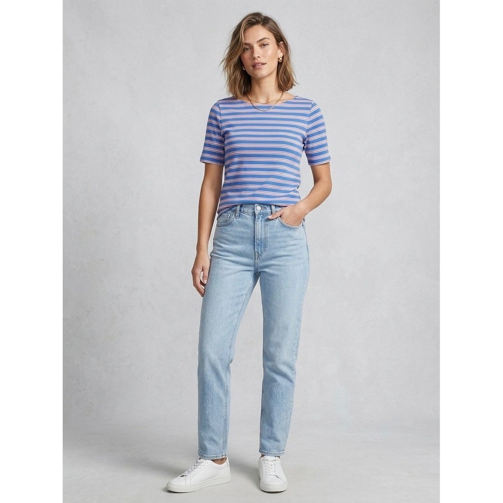 J.Crew Womens Striped Boatneck T-Shirt Blue Pink White Cotton Short Sleeve M